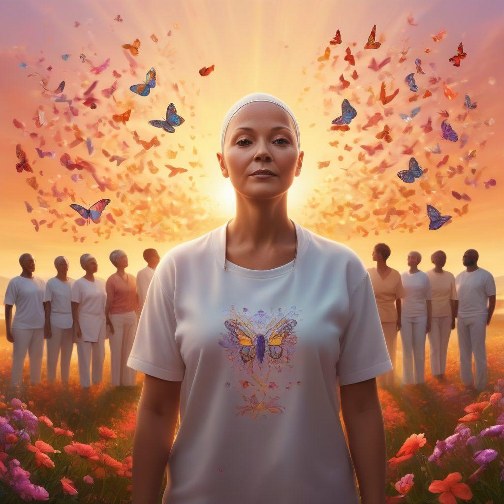 A powerful illustration depicting a diverse group of cancer survivors standing together, radiating strength and hope, surrounded by vibrant butterflies symbolizing transformation. In the background, a warm sunrise casts golden light, embodying new beginnings and support. Incorporate symbols of awareness like ribbons and medical icons subtly throughout the scene. super-realistic. vibrant colors. inspirational atmosphere.