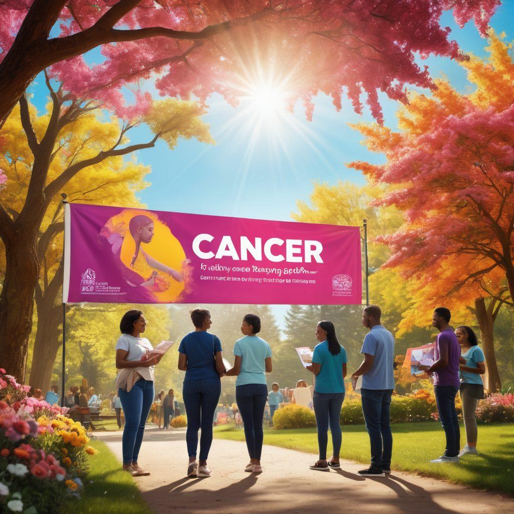 A diverse group of people engaging in an awareness campaign about cancer prevention under a colorful banner. The scene features informative posters about cancer education, individuals handing out brochures, and a captivating speaker sharing knowledge. The setting is vibrant and uplifting, symbolizing hope and empowerment through education. Bright sunlit atmosphere with a backdrop of trees and flowers. super-realistic. vibrant colors. outdoor setting.